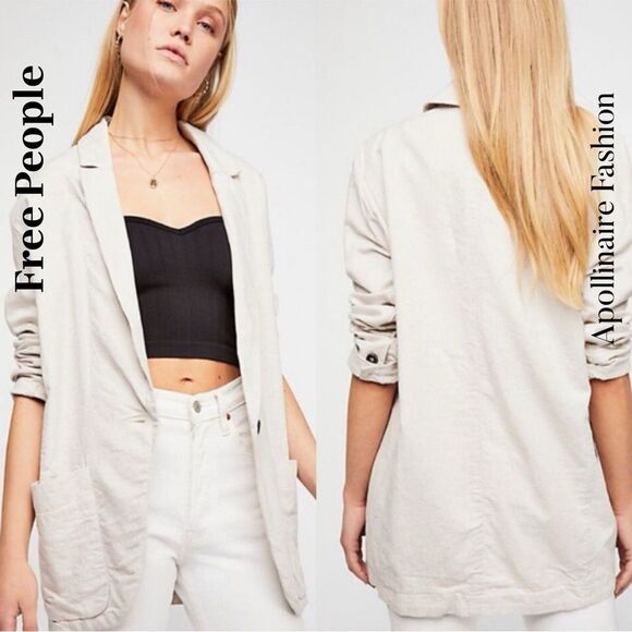 Free People Simply Perfect Women's Stone Linen Blazer Large NWT - Picture 1 of 6